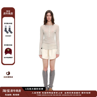 现货 长袖 设计师品牌UHOOWU 亨利领羊毛修身 T恤JULY 25PF