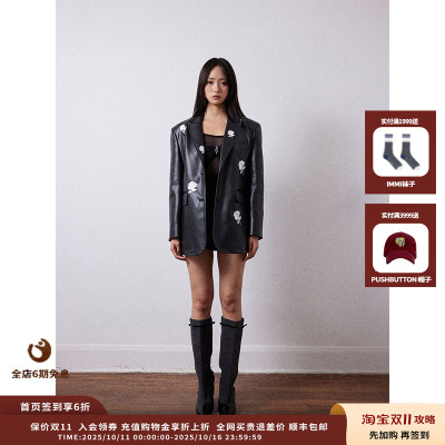 【现货】设计师品牌Necessary Ananke 25PF黑色玫瑰刺绣皮衣JULY
