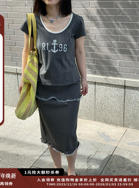 【现货】设计师品牌OIIORIRI 25SS复古螺纹拼蕾丝紧身半裙JULY