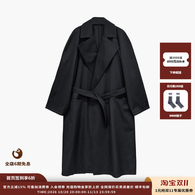 ETHOR黑色大翻领口袋风衣外套