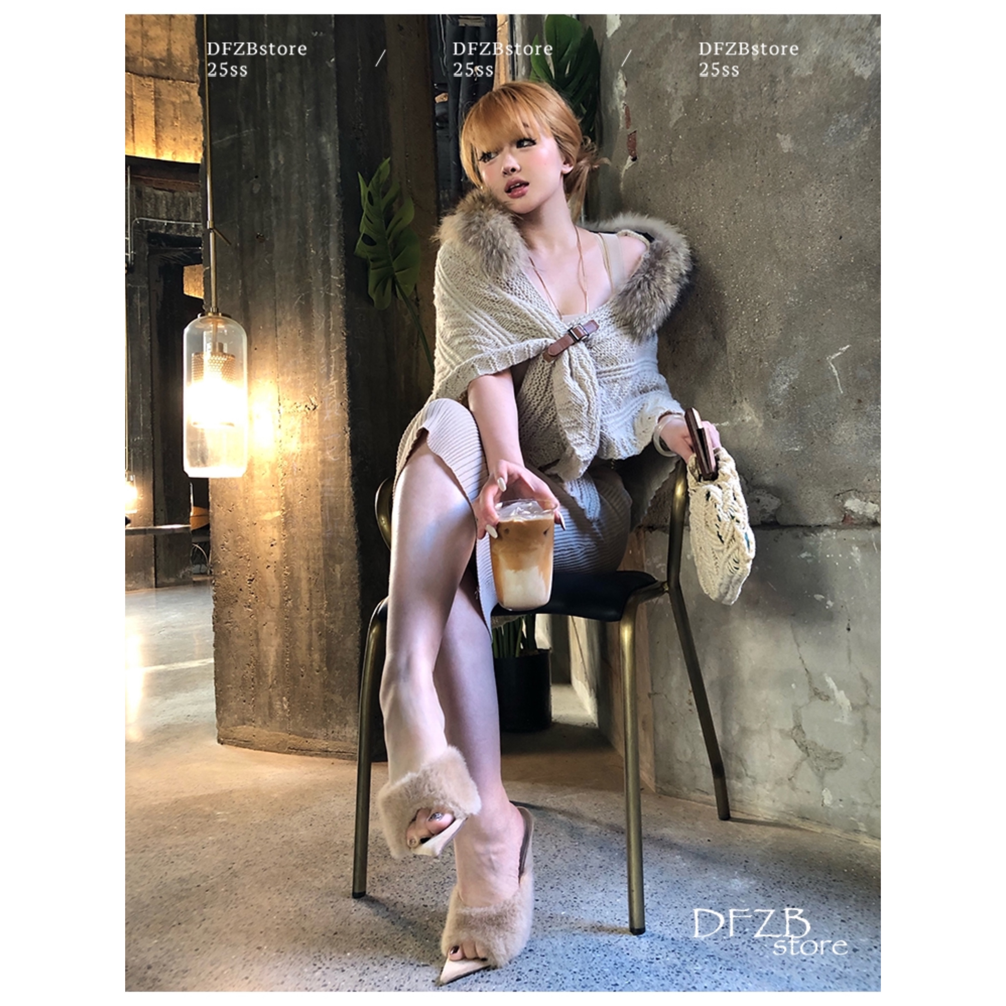 DFZBstore 绝美mami～日式貉子毛皮扣针织斗篷&美背针织包臀裙