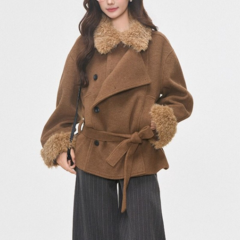 2025秋冬新款毛领加厚毛呢大衣翻领外套女士小个子高级时尚穿搭女