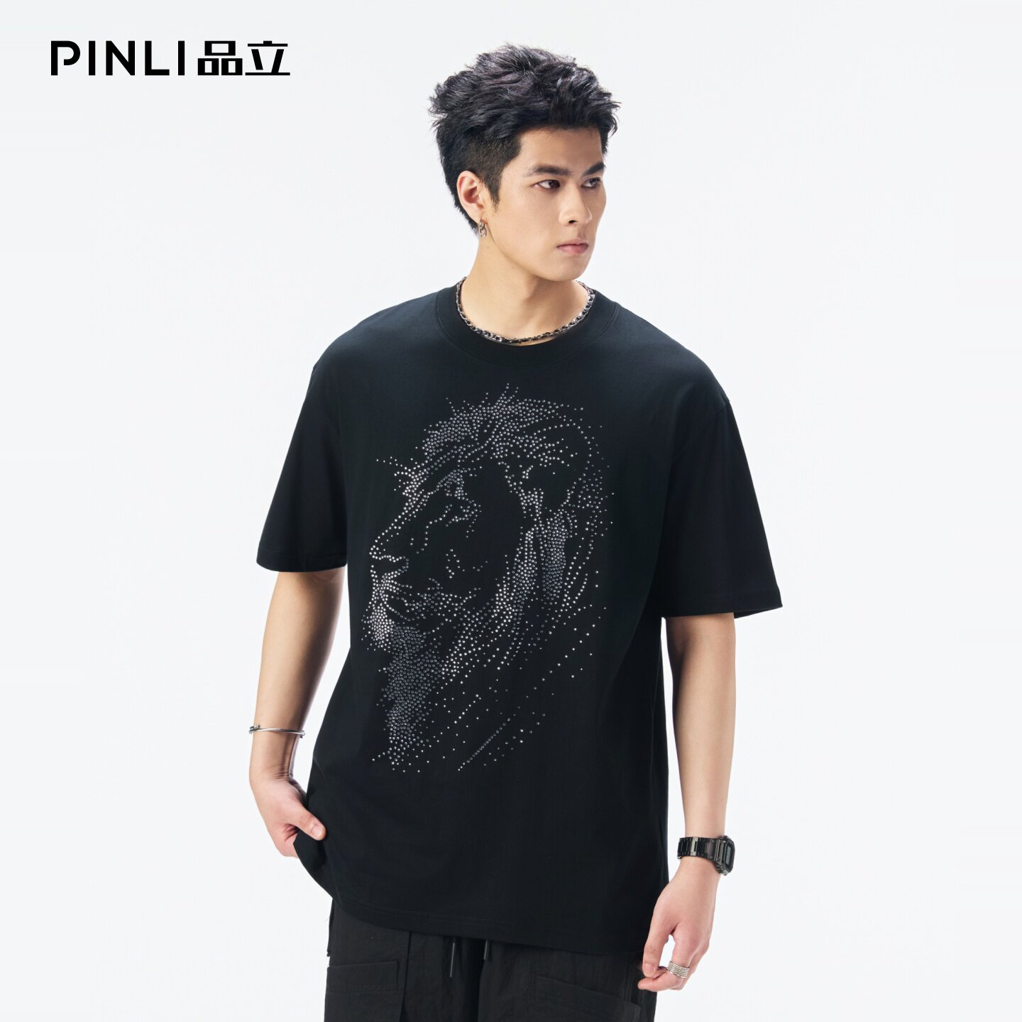 PINLI品立2026夏季新款男士狮子头烫钻圆领落肩袖纯棉短袖T恤上衣图片