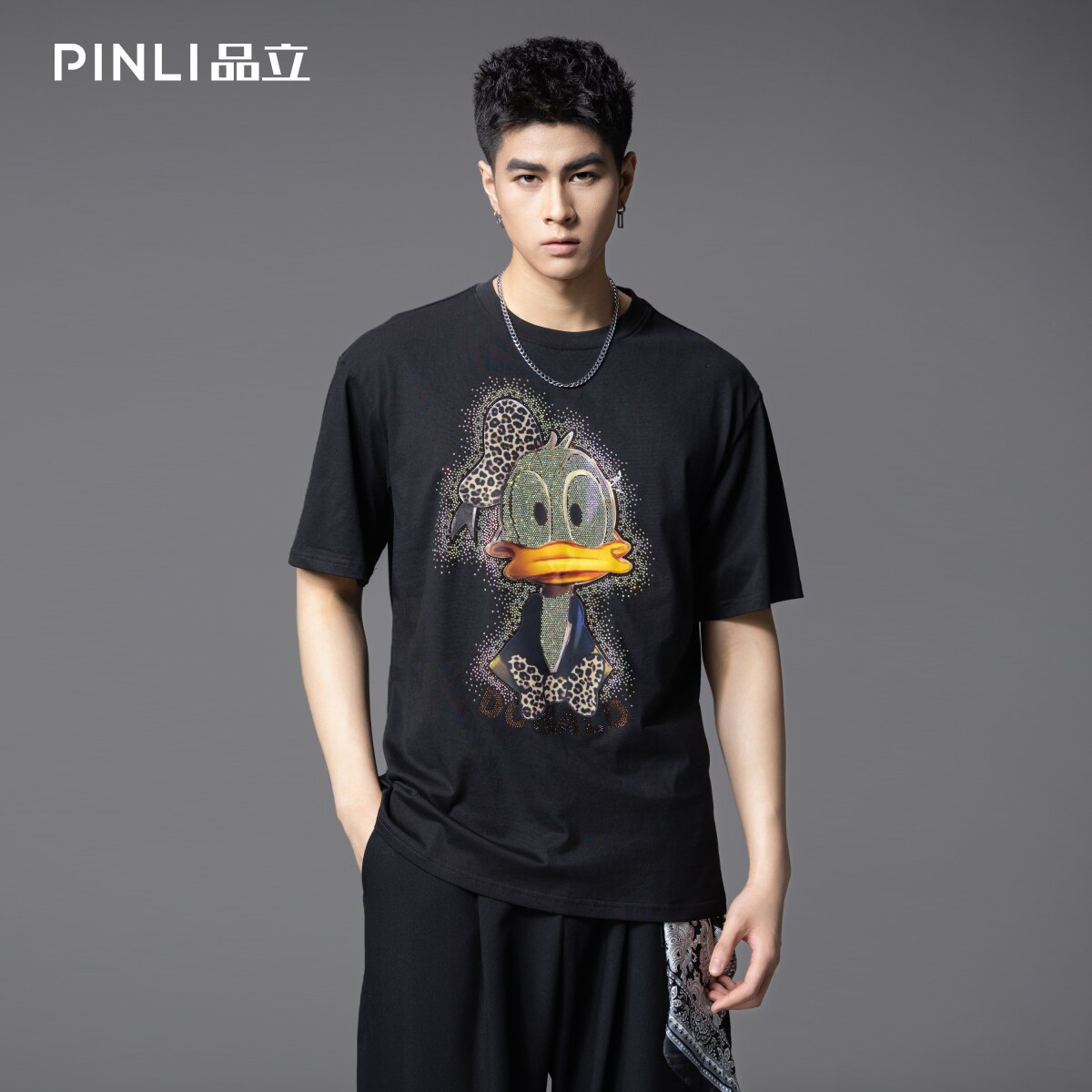 PINLI品立夏季新款男士唐老鸭烫画烫钻圆领短袖T恤潮牌上衣