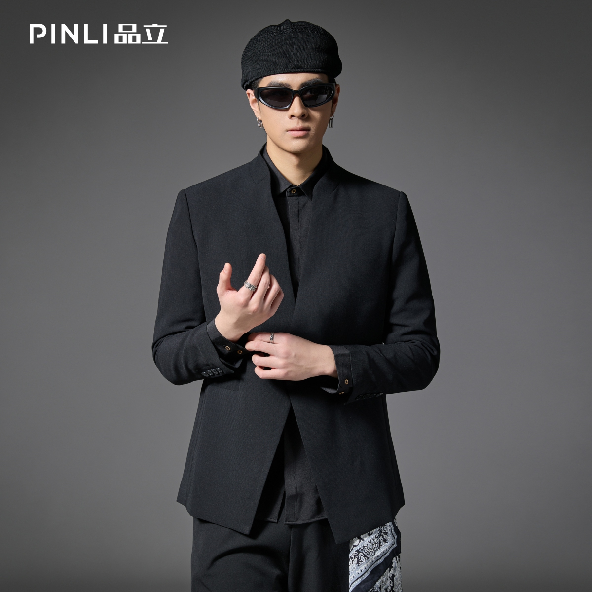 PINLI品立中式立领黑色西装外套