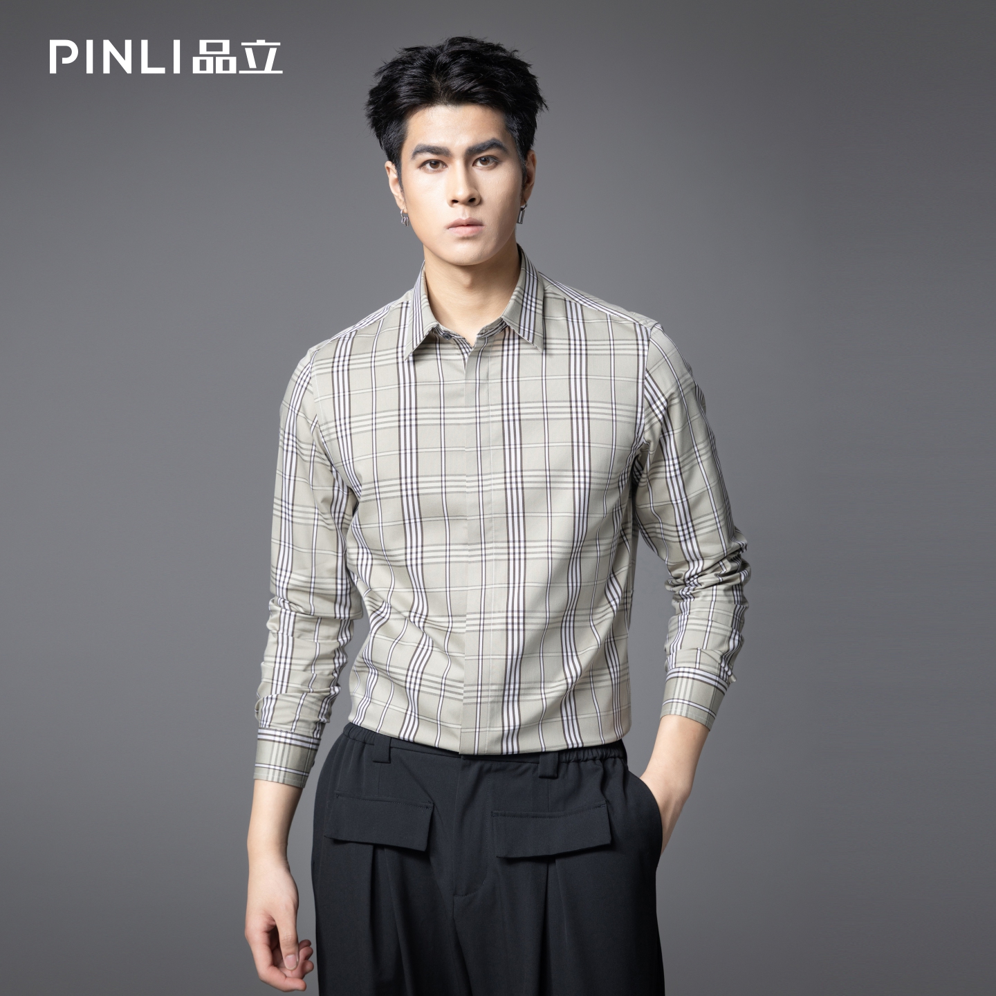 PINLI品立修身格子长袖衬衫衬衣