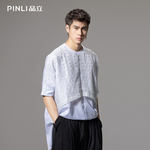 PINLI品立男宽松提花拼接短袖T恤