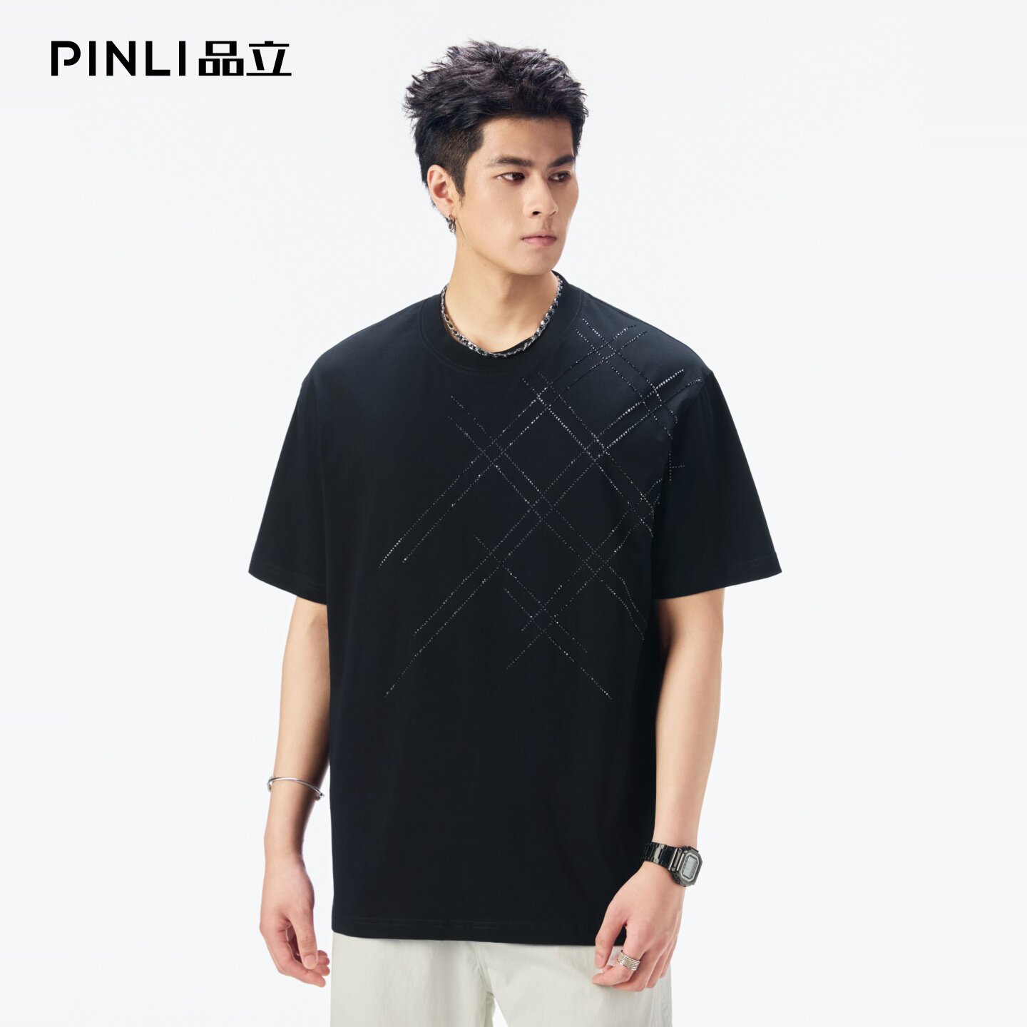 PINLI品立2026夏季新款男士几何图形烫钻圆领落肩短袖T恤上衣潮牌图片