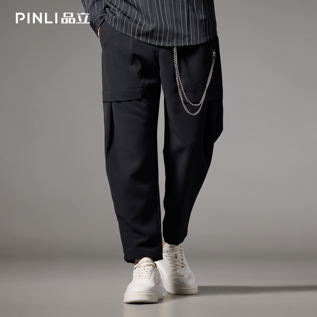 PINLI品立男黑色大口袋休闲长裤
