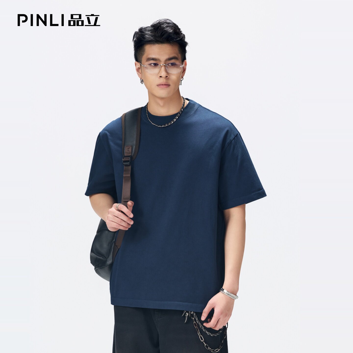 PINLI品立2026夏季新款男士宽松圆领落肩袖百搭纯色短袖T恤上衣潮图片