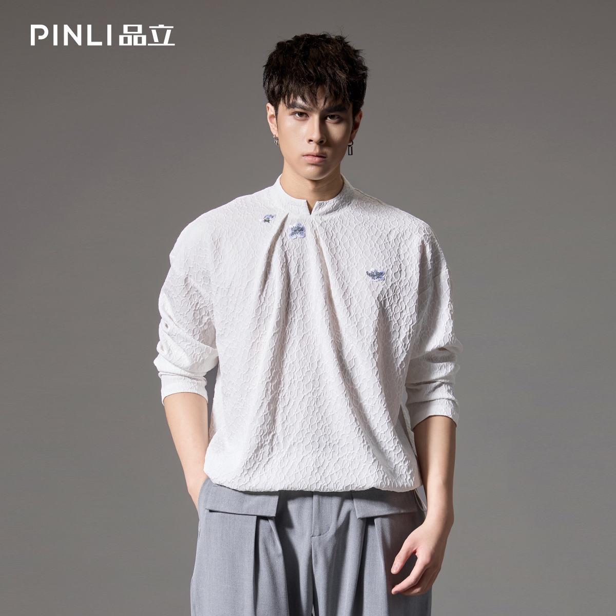 品立新中式立领贴花宽松T恤国男