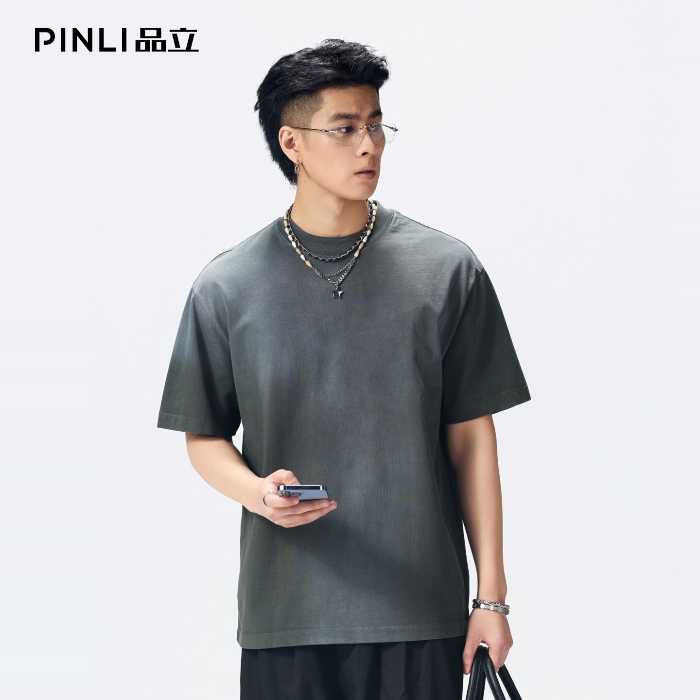 PINLI品立2026夏季男装宽松圆领落肩重磅纯棉水洗渐变短袖T恤潮牌图片