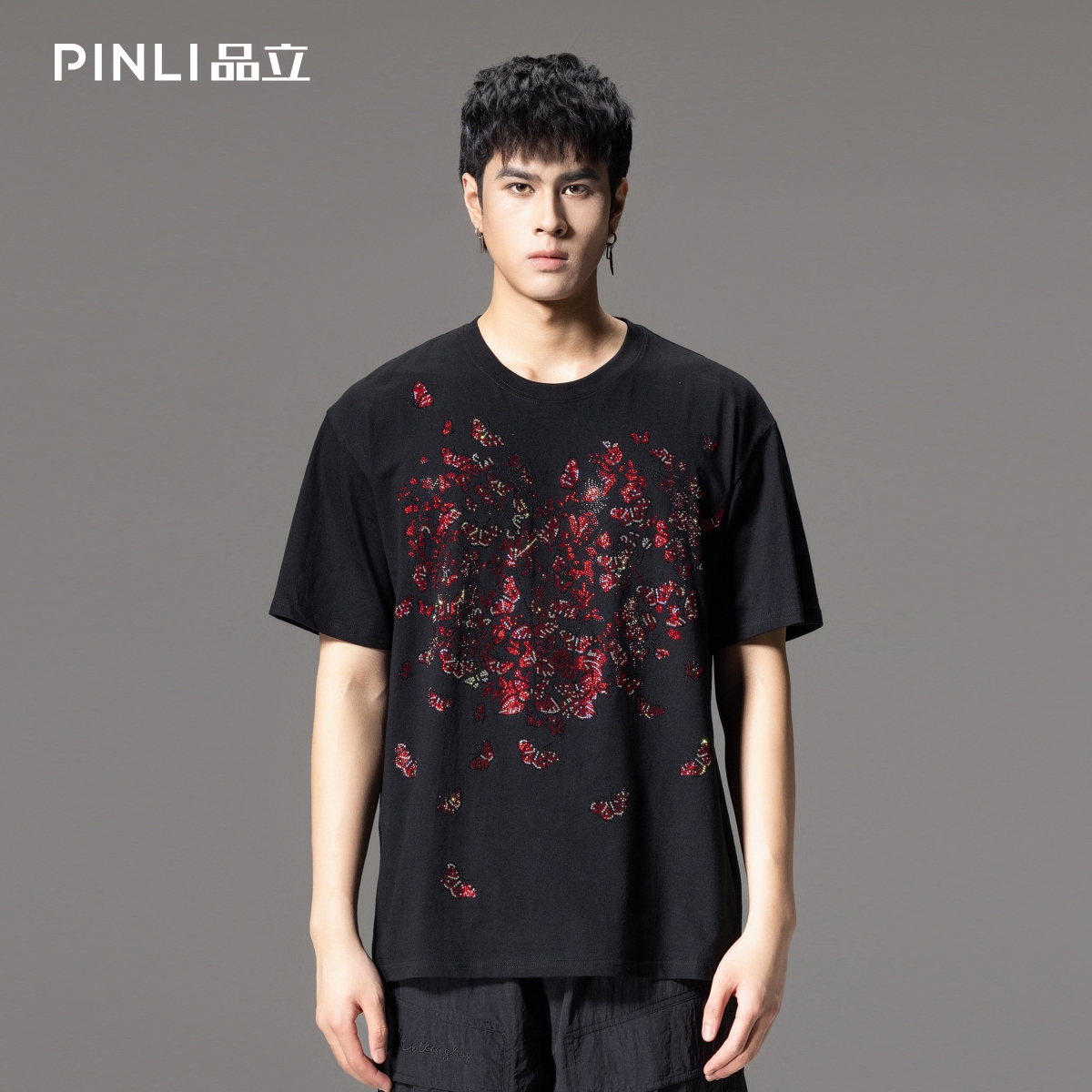PINLI品立男休闲国潮烫钻短袖T恤