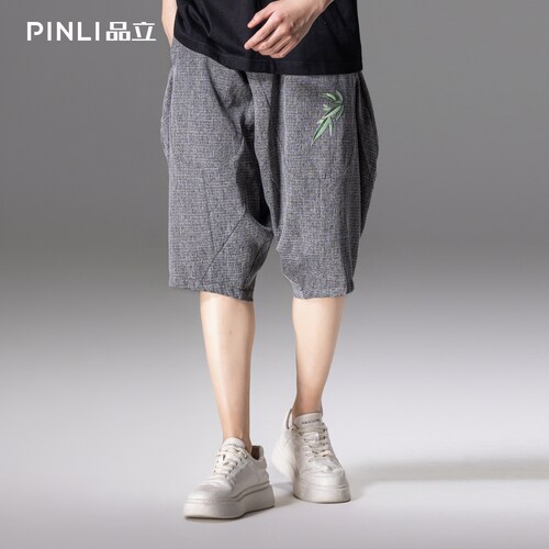 PINLI品立男竹叶刺绣休闲七分裤