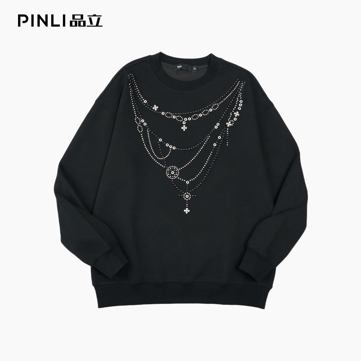 PINLI品立2026春季新款男士圆领宽松落肩袖烫钻套头卫衣上衣潮牌,男装,卫衣,淘宝优惠券,粉丝福利购,淘宝优惠卷