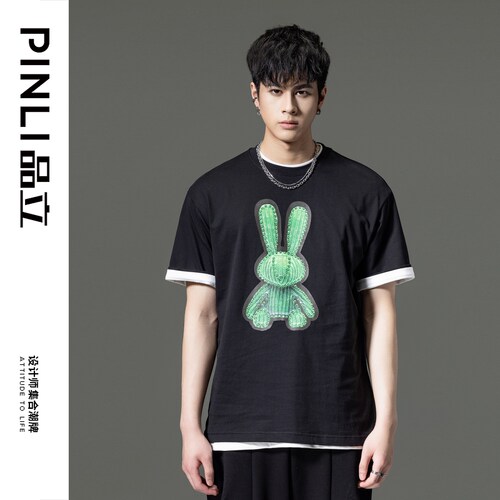 PINLI品立圆领兔子印花短袖T恤潮