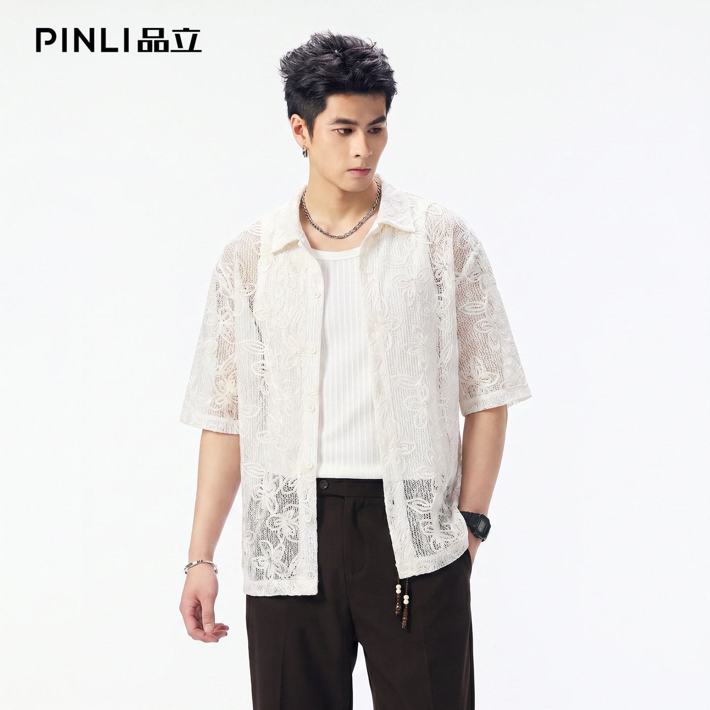 PINLI品立2026夏季新款男士尖领半透明宽松纯色短袖衬衫衬衣潮牌图片