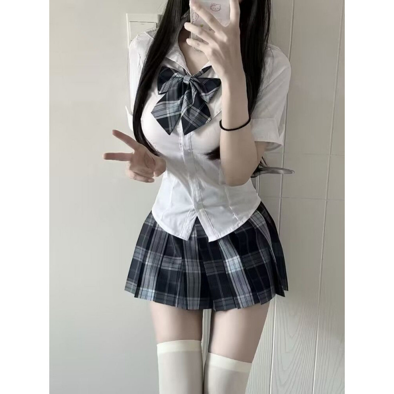胖MM200斤特大码套装学生jk衬衫纯欲风衬衣格裙短裙子制服两件套