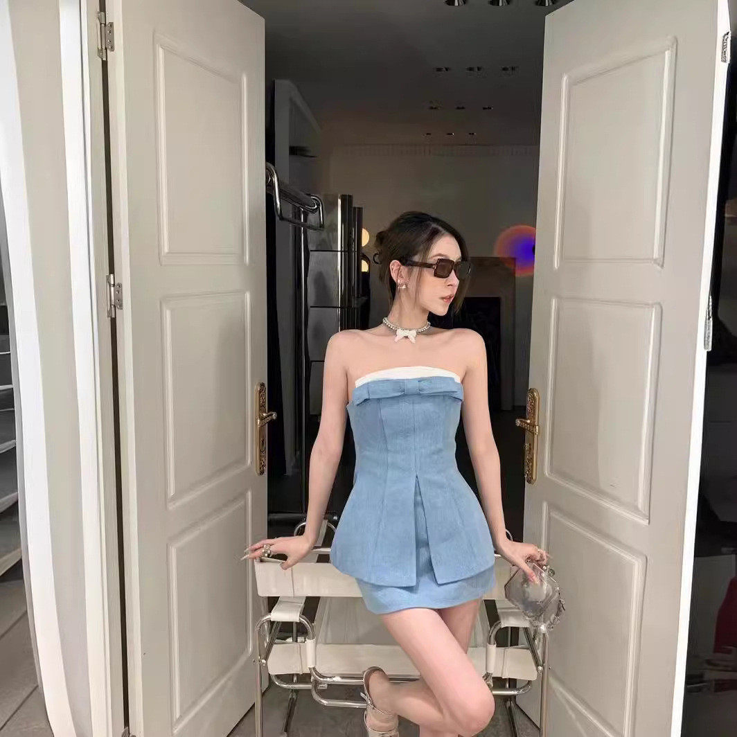 小众设计款上衣套装夏天女休闲装一字肩御姐收腰显瘦抹胸外穿纯欲