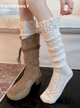 靴尚棉堆堆袜女秋冬法式镂空保暖针织浮雕重工复古miu系灰色小腿