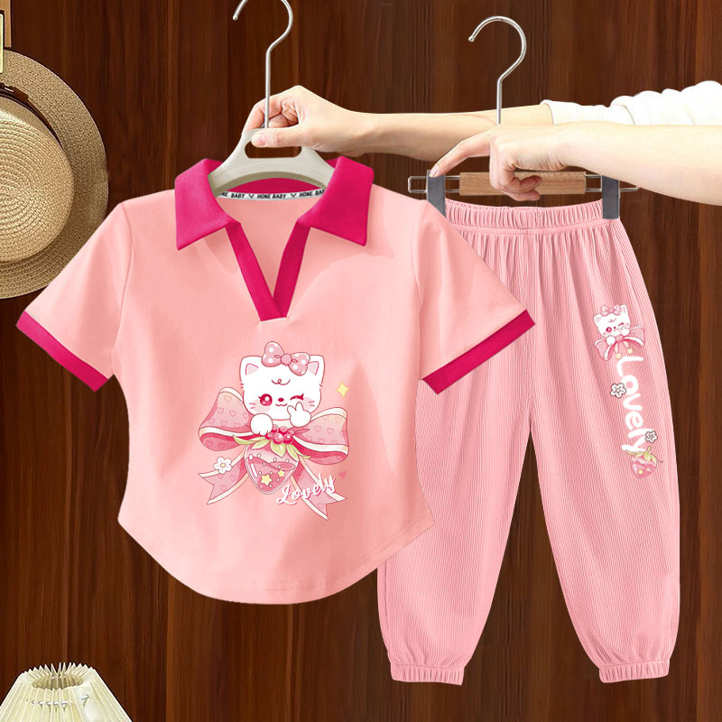 女童夏装polo衫套装2025新款宝宝夏季短袖衣服儿童洋气长裤两件套