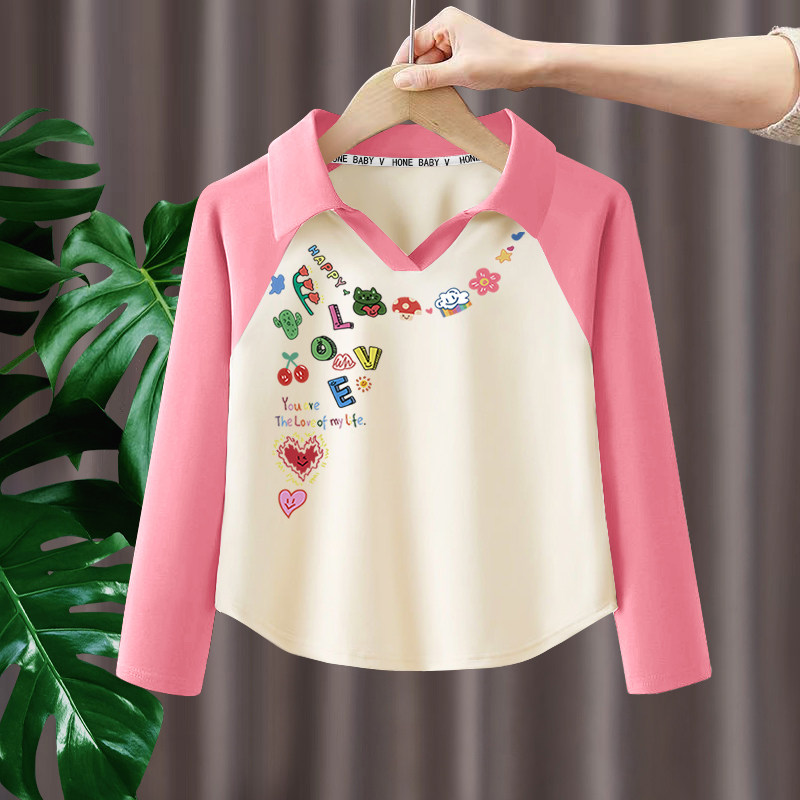 女童春秋纯棉长袖打底衫洋气翻领POLO衫中大童韩版T恤印花上衣潮