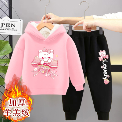 女童加绒卫衣套装秋冬2025新款儿童冬季洋气休闲加厚连帽两件套潮