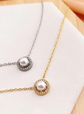 满钻珍珠圆形吊坠钛钢保色防过敏