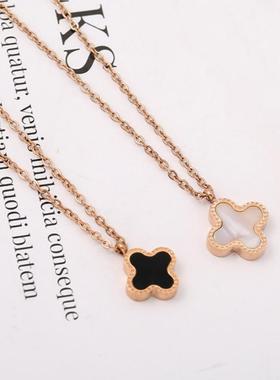 黑白双面四叶草设计感钛钢锁骨链