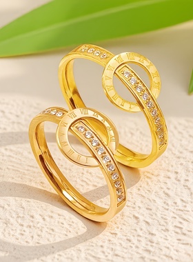 罗马数字钛钢18k金戒指环不掉色