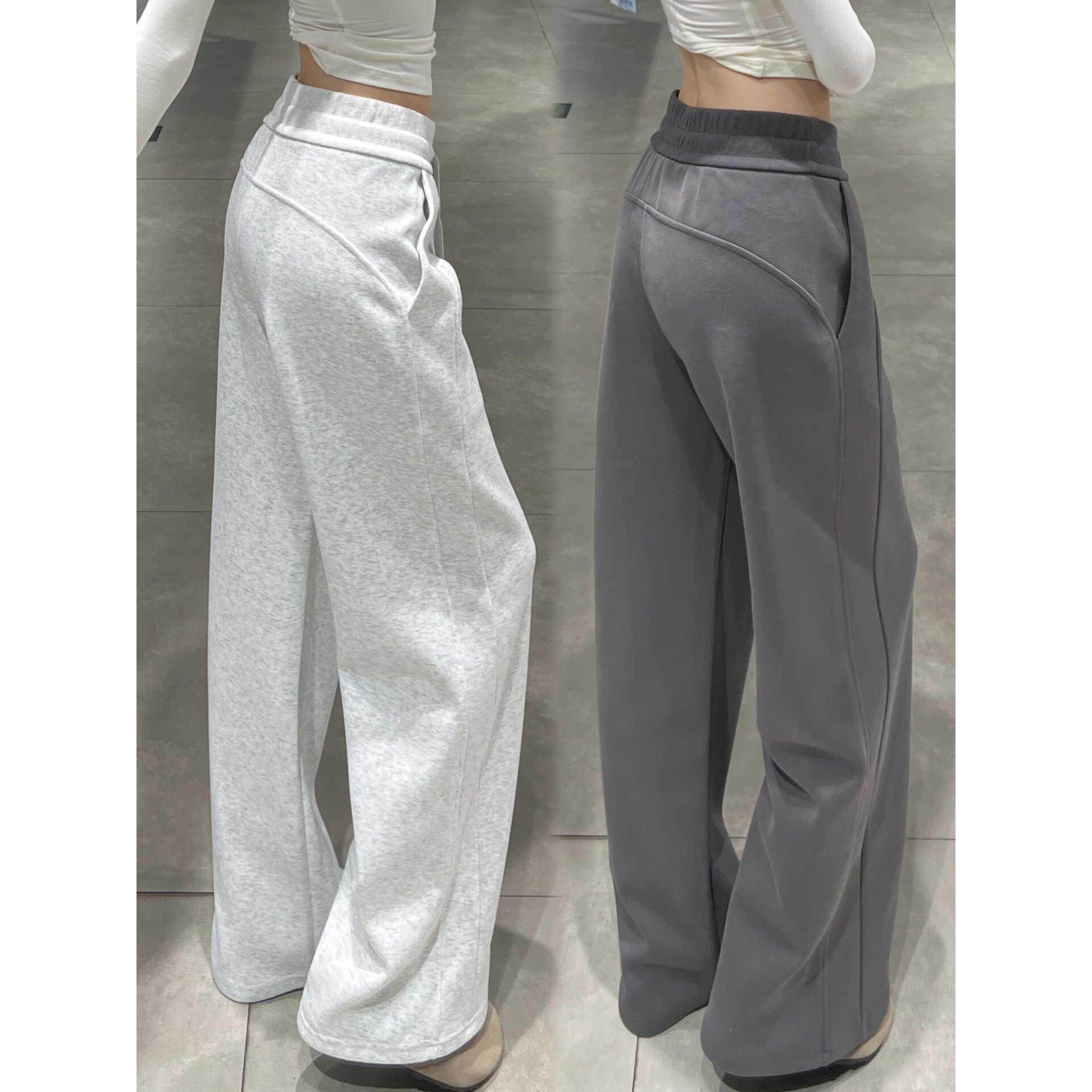 美式白灰色高腰抽绳lulu同款运动裤女秋冬季2025新款加绒阔腿卫裤