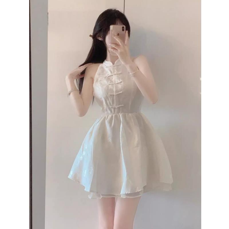 新中式国风女装改良挂脖旗袍连衣裙夏季高级感气质收腰小个子短裙