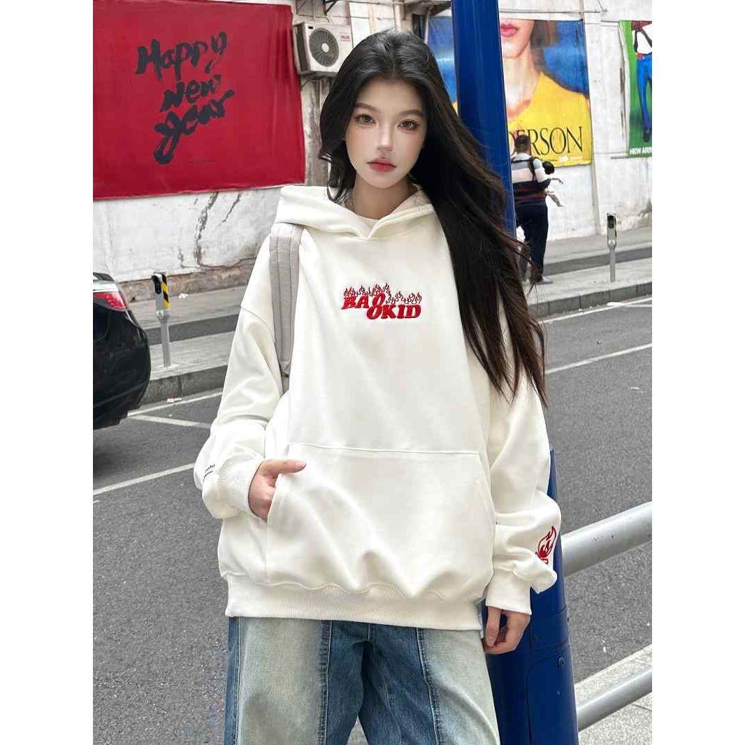 国潮牌白色字母刺绣连帽卫衣女春秋2025新款oversize美式高街外套