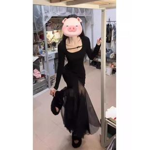 法式黑色网纱长袖连衣裙子女秋季高级感气质收腰绝美包臀鱼尾长裙