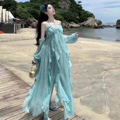 法式性感露背挂脖吊带连衣裙子女夏季海边度假风气质收腰绝美长裙