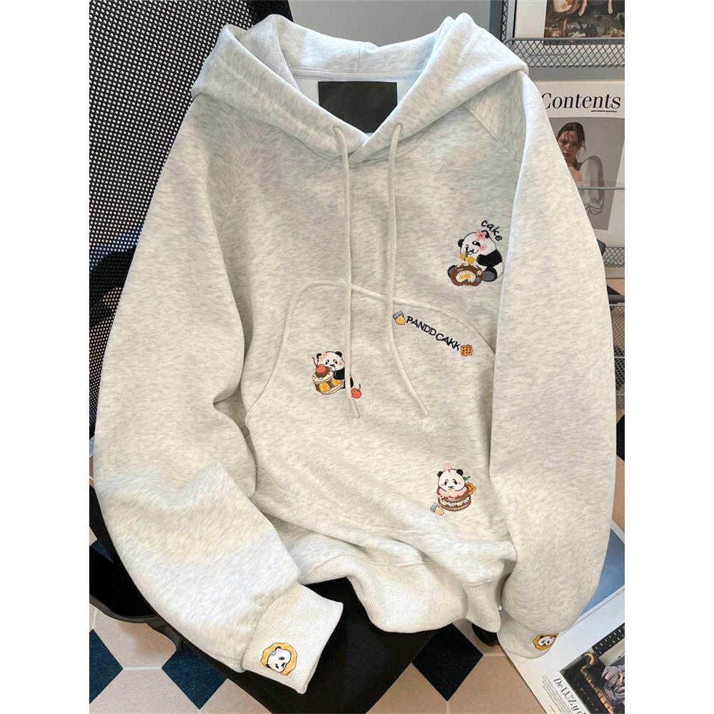 韩系学院风可爱小熊猫刺绣卫衣女冬季加绒加厚高级感连帽上衣外套