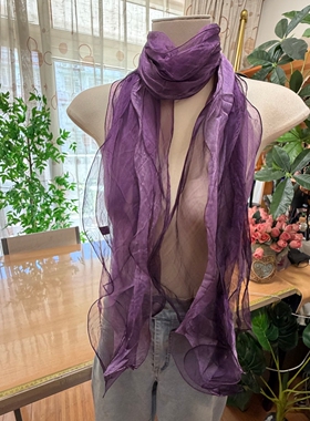 100%桑蚕丝乔其纱真丝长条丝巾三层东风纱尖角紫罗兰过渡色浅紫