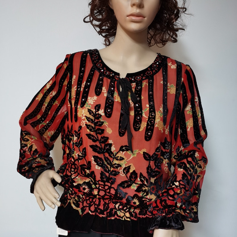 2026真丝绒长袖上衣烂花绒女装春秋款圆领系带桑蚕丝小衫2238