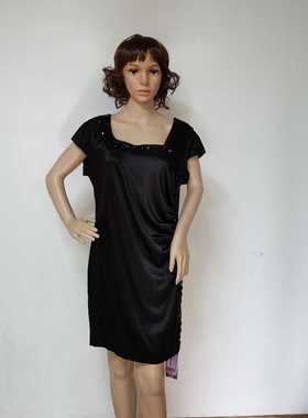 正品真丝素绉缎桑蚕丝连衣裙纯色小黑裙重工钉珠小礼服断码83018