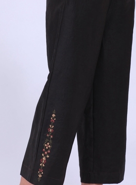 真丝香云纱软缎中老年女裤休闲长裤刺绣黑色全松紧口袋高腰9028