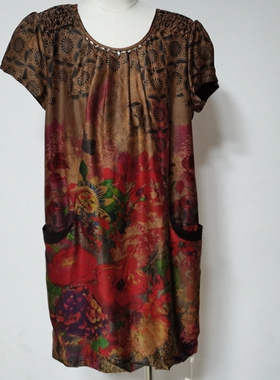 真丝香云纱连衣裙圆领夏装中裙大花莨绸桑蚕丝女裙通勤套头12559