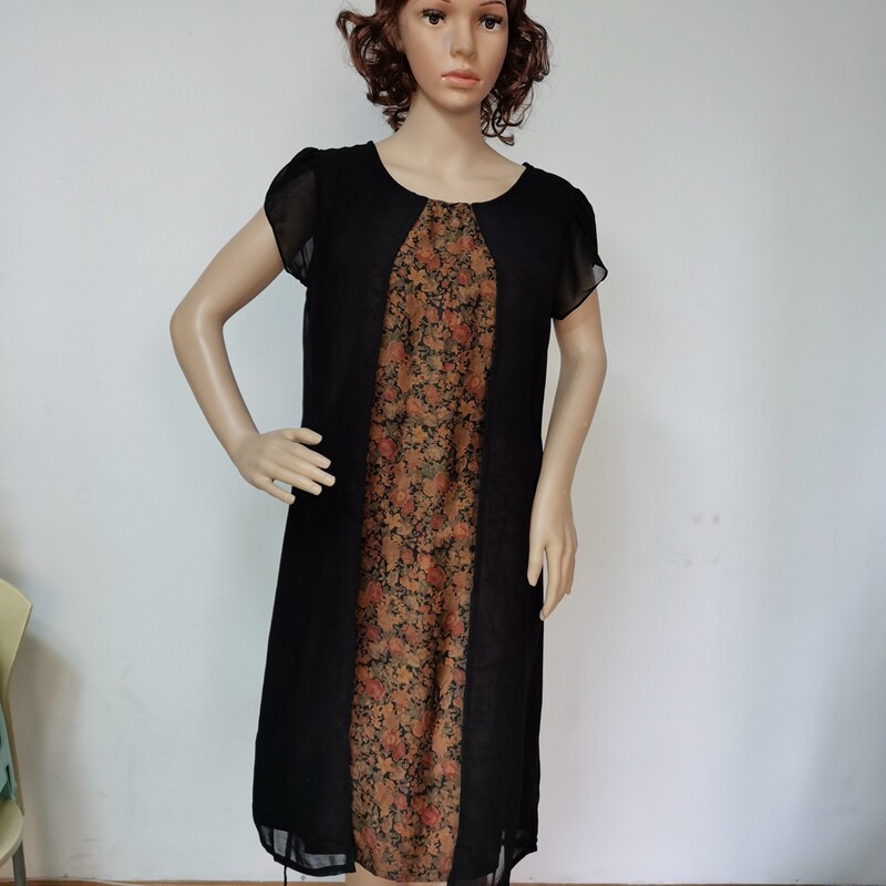 2025真丝香云纱软缎莨绸碎花女裙假两件连衣裙杭州丝绸正品81103