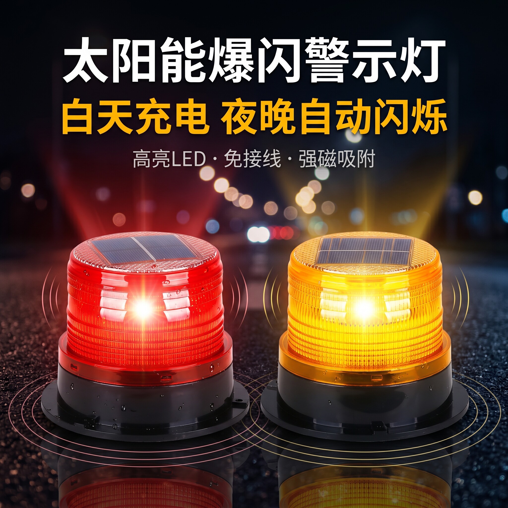太阳能车载爆闪灯工程车防水路障闪光灯强磁车顶夜间停车感应爆闪图片