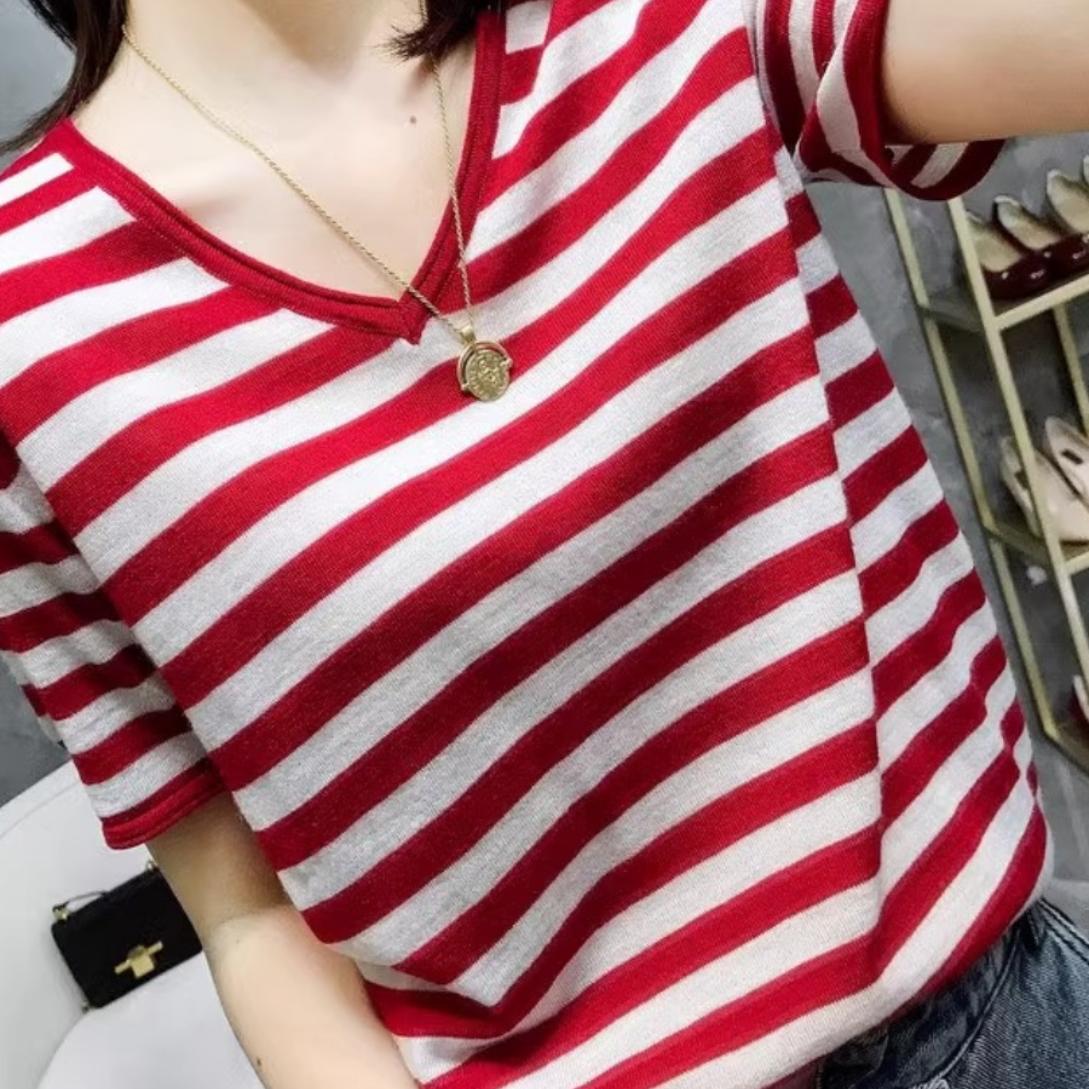 夏季条纹冰丝V领宽松短袖女T恤图片