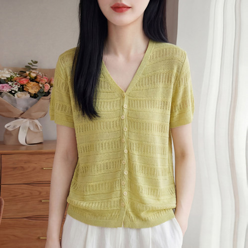 2026简约休闲舒适淑女风V领镂空针织开衫女短袖薄款显瘦百搭上衣