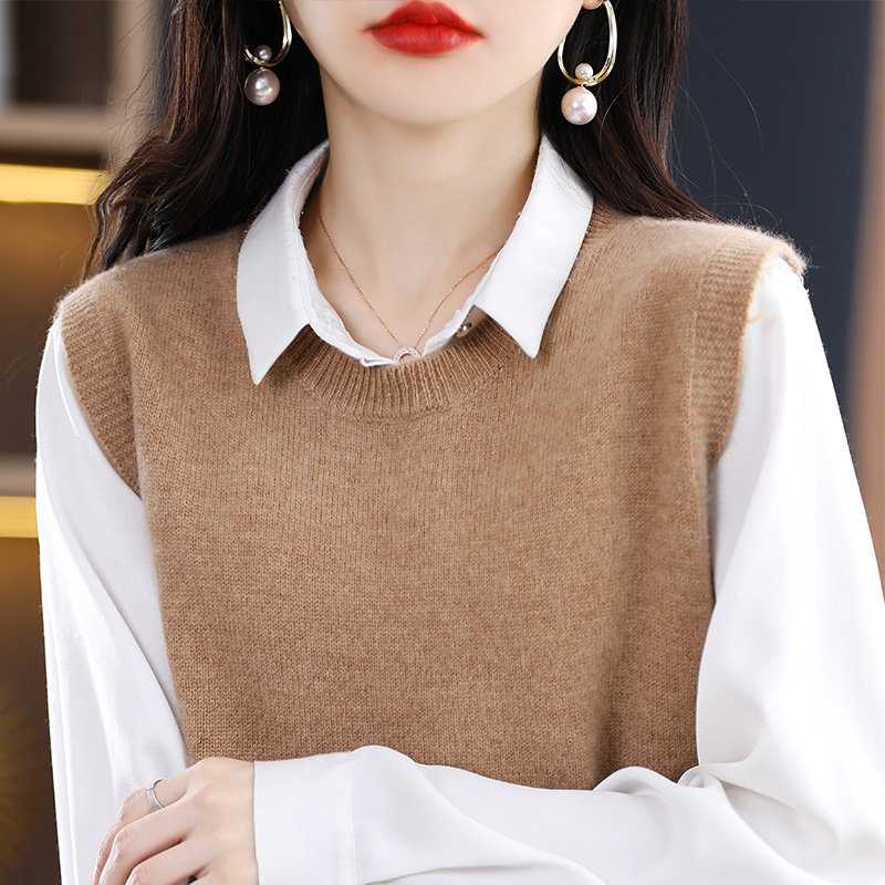 羊毛套头圆领纯色针织衫