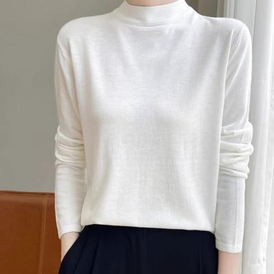 超细精纺丝光羊毛半高领平面打底衫女秋季薄款软糯长袖针织衫内搭