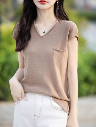 100%纯棉线针织t恤女春季薄款V领上衣打底百搭宽松包肩女装背心
