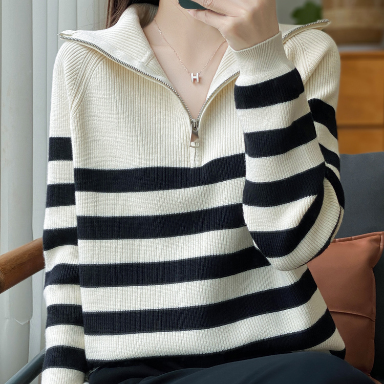 洋气减龄撞色条纹半拉链翻领长袖针织衫女复古POLO领百搭毛衣上衣