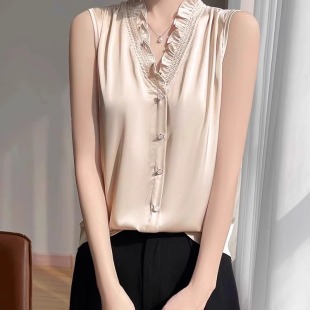 女休闲质感缎面V领打底衫 2025秋季 衬衫 小香风木耳边无袖 背心 新款
